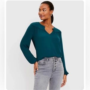 LOFT Green Teal Shirred Keyhole Split Neck Blouse